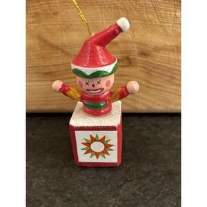 Vintage Wooden Jack In The Box Clown  Red Green Christmas Ornament ~ Taiwan